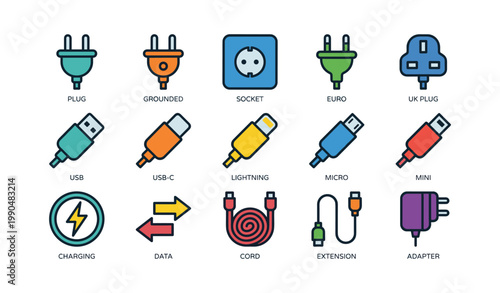 Various plug and cable icons arranged in grid on white background