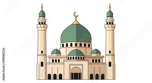 Illustration of a traditional mosque with green domes and minarets