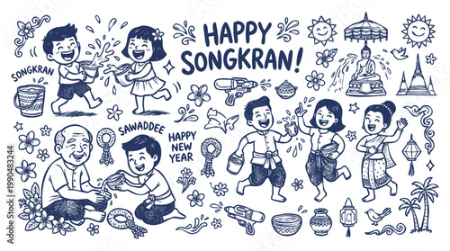 Vintage 1930s Style Happy Songkran Thai New Year Festival Doodle Set