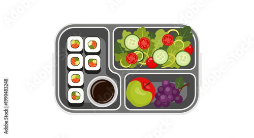 Colorful Bento Lunch Box with Sushi and Fresh Vegetables