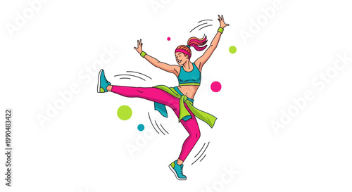 Energetic woman dancing in colorful fitness attire on white background