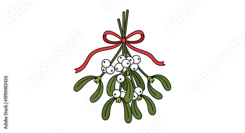 Festive mistletoe illustration with red bow on white background
