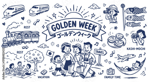 Vintage 1930s Style Golden Week Japan Holiday and Travel Doodle Set