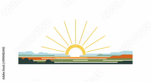Minimalist sunrise landscape illustration with abstract geometric shapes