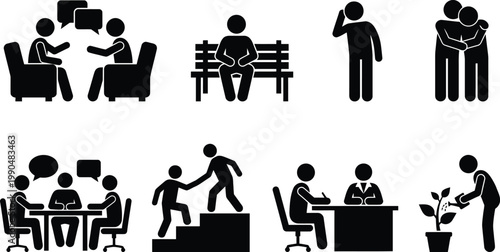 Illustrations of various workplace and social interaction scenarios Vector