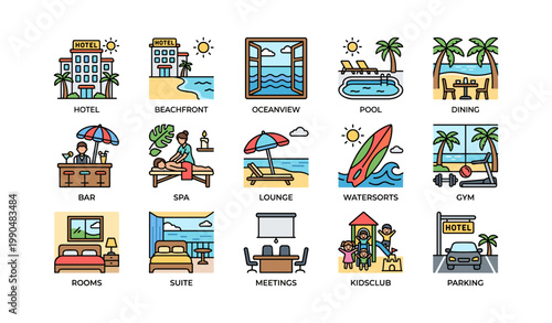 Hotel amenities and resort facility icons arranged on white background