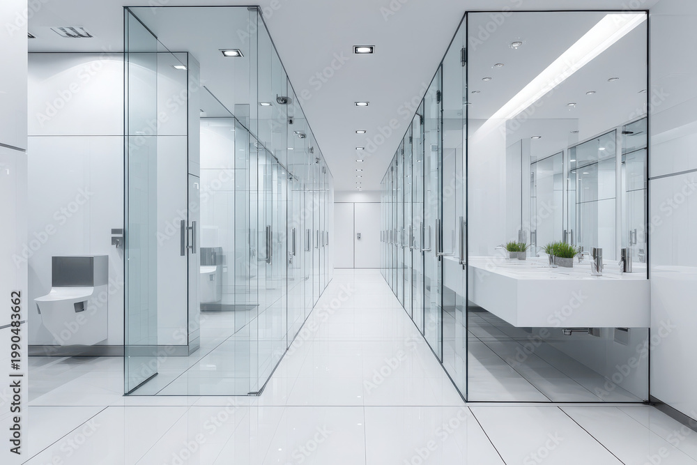 Fototapeta premium Modern bathroom interior design commercial restroom clean environment glass features minimalist concept