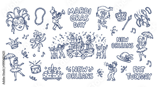 Vintage 1930s Style Mardi Gras Day and New Orleans Carnival Doodle Set