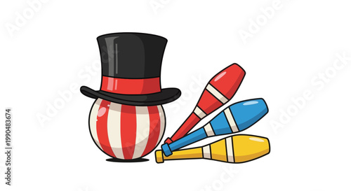 Colorful juggling clubs with striped ball and top hat illustration