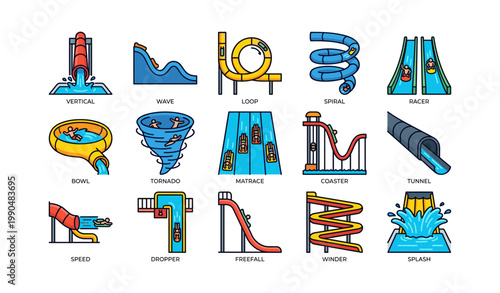 Waterpark slides icons showing ride types and splash features