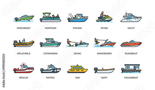 Boat and watercraft illustrations arranged in grid on white background