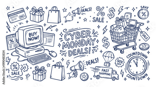 Vintage 1930s Rubber Hose Style Cyber Monday Deals and Online Shopping Doodle Set