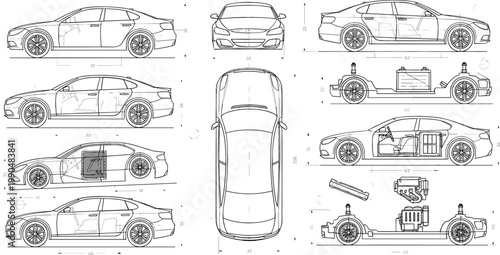 Car blueprint with multiple views, technical drawing of vehicle structure, engineering design concept with chassis and components, detailed automotive vector illustration