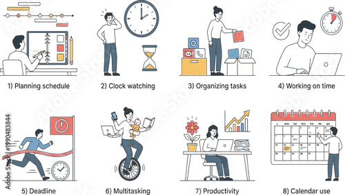 Common productivity habits and their effects on time management and work efficiency Vector