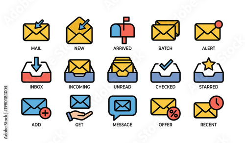 Mail and message icons arranged in labeled grid on white background