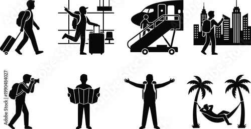 Journey and relaxation stages of a business traveler in a city setting Vector