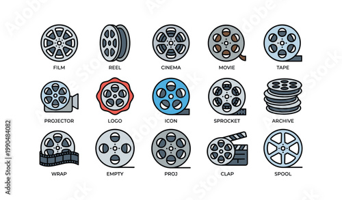 Film reel icons arranged in labeled grid on white background