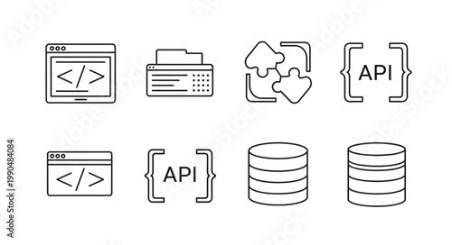 Collection of technology icons representing programming and data.