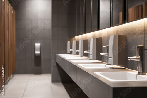 Modern bathroom interior clean restroom environment contemporary design urban location overview perspective