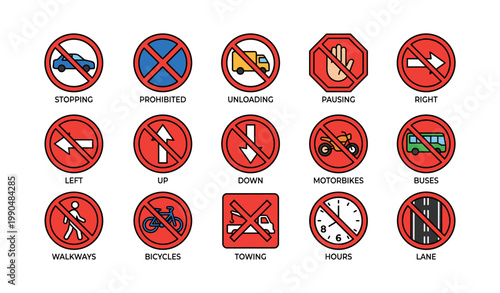 Prohibition signs and no entry symbols arranged on white background