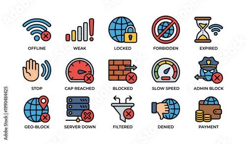 Network restriction icons showing offline and blocked access states