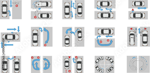 Car parking techniques and driving maneuvers set with top view vehicles, directional arrows and turning guides, driver education and traffic training vector illustration