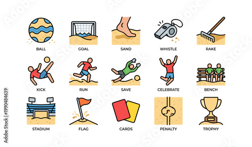 Beach soccer icons depicting players and equipment on white background