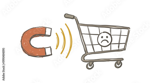An unhappy shopping cart is attracted by a magnet with electromagnetic waves in a store.