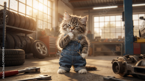 Cute kitten mechanic in denim overalls thinking in a garage. Funny pet worker with tools and wrenches
