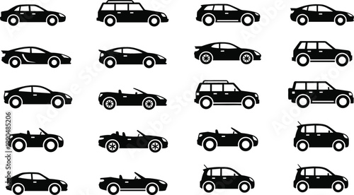 Car silhouettes collection in various body styles including sedan, SUV, hatchback, coupe, and convertible, black vector icon set for automotive and transport design
