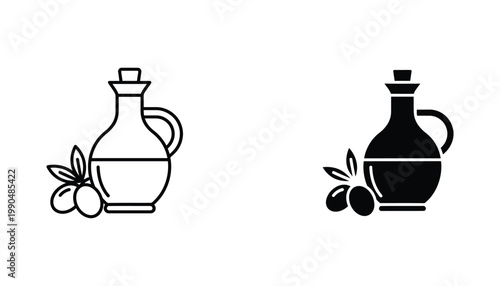 Olive oil glass bottle and fresh olives icon for culinary and healthy food branding designs