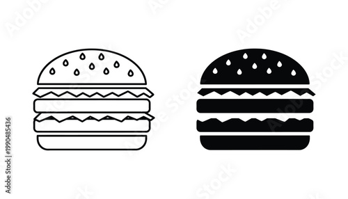 Delicious cheeseburger fast food icon for restaurant menus in outline and solid black style