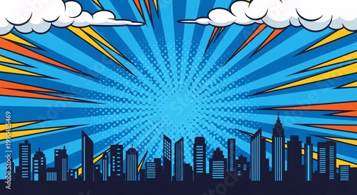 Dynamic blue comic style burst background with urban skyline silhouette, pop art explosion rays and clouds, perfect for superhero themes, posters and comic book design.