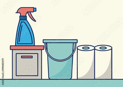 A blue spray bottle on a pedestal sits next to a light blue bucket and two rolls of paper towels on a pale yellow background.