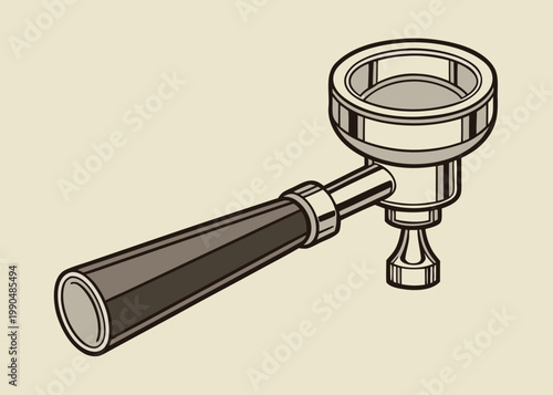 A metallic espresso portafilter with a brown handle and a bottom spout is depicted from an angled perspective on a beige background.