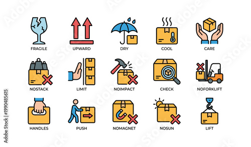 Package handling symbols showing care instructions on plain background