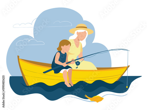 Grandmother child fishing playful morning family bonding bright yellow boat blue water. Outdoors hobby leisure generational connection grandmother grandparent grandchild serene scene. Cartoon style