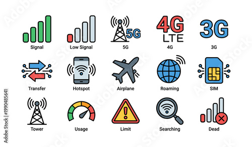Cellular network and connectivity icons arranged in grid layout