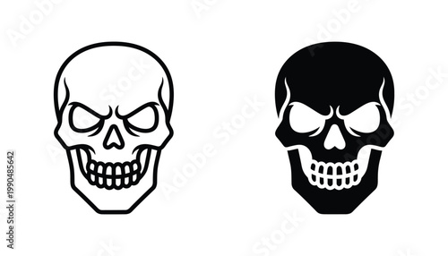 Human skull with an angry expression vector icon set featuring line art and solid black graphic variations for aggressive branding and graphic design projects