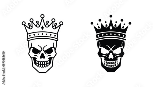 Human skull wearing ornate royal crown vector icon set featuring line art and solid black graphic variations for premium dark aesthetic branding design