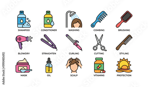 Hair care icons of grooming tools and treatments on white background