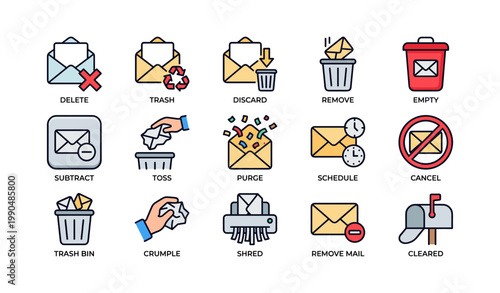 Mail icons showing deletion and trash actions on white background