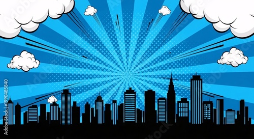 Bright blue sunburst comic background featuring city skyline silhouette and dramatic radial rays ideal for advertising, banners and comic artwork.