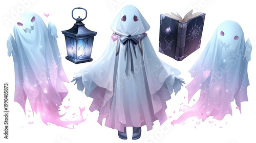 Three whimsical ghost characters with a lantern and a spellbook, set against a mystical background