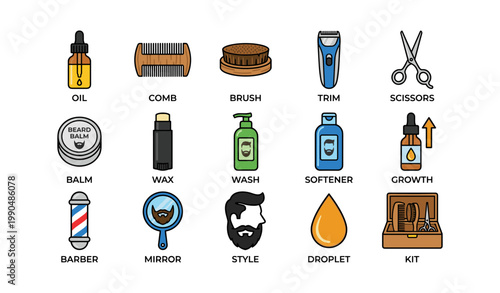 Beard care items and grooming icons on white background