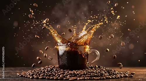 Cangkir kopi hitam panas dengan keripik dan biji kopi terbang di udara, konsep minuman kopi pagi yang menyegarkan dan energik