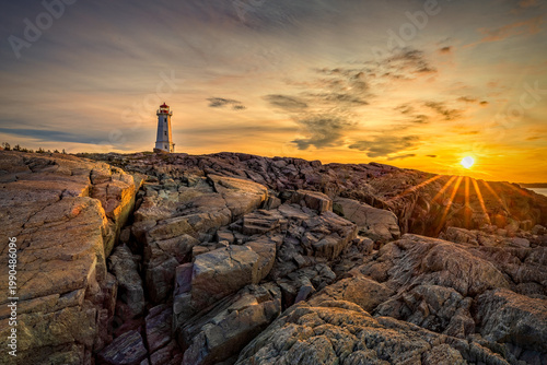 Fotografia Beautiful octagonal concrete Louisbourg Lighthouse decorated with neoclassical a