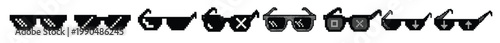 Black Silhouette Pixel Art Vector Icon Set Isolated on White: Collection of Retro 8-Bit Sunglasses Meme Glasses and Cool Thug Life Eyewear for Gaming Digital Culture and Fashion Design Projects