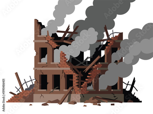 Ruined building structure collapse destruction aftermath vector illustration. Smoke rising shattered windows broken walls, debris scattered. Rubble remnants depict disaster devastation isolated