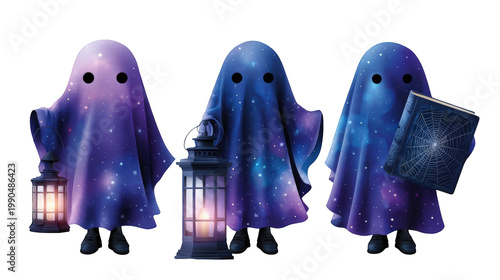 Three whimsical ghost figures in starry cloaks holding lanterns and a book, set against a cosmic backdrop